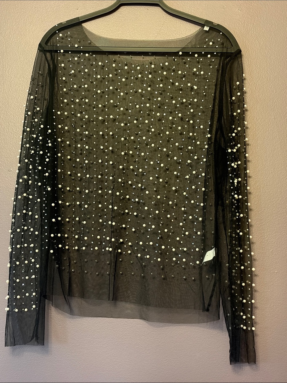 Black Sheer Long-Sleeve Top with Pearl and Diamanté Embellishments NWOT